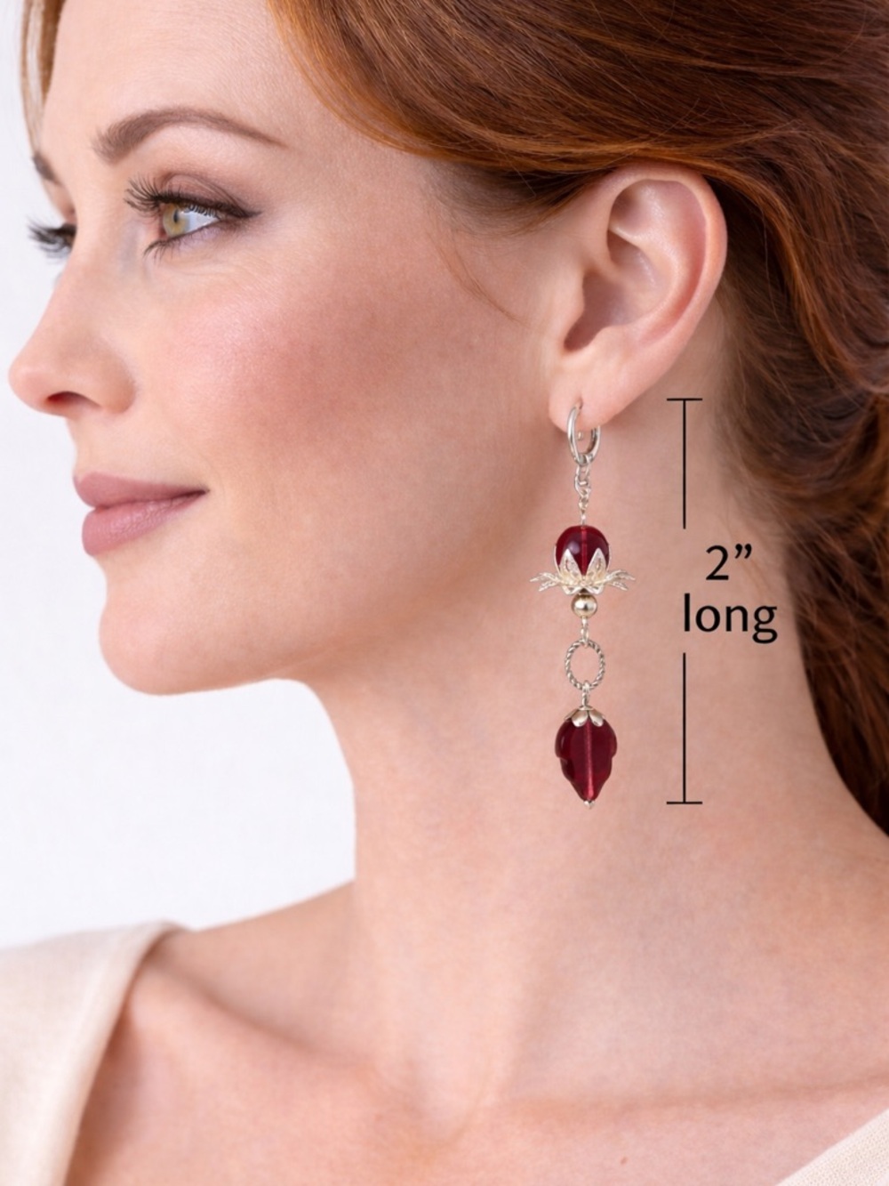 Aubergine Glass Dangle Earrings • Translucent Plum • Silver Floral Boho - Picture 3 of 6